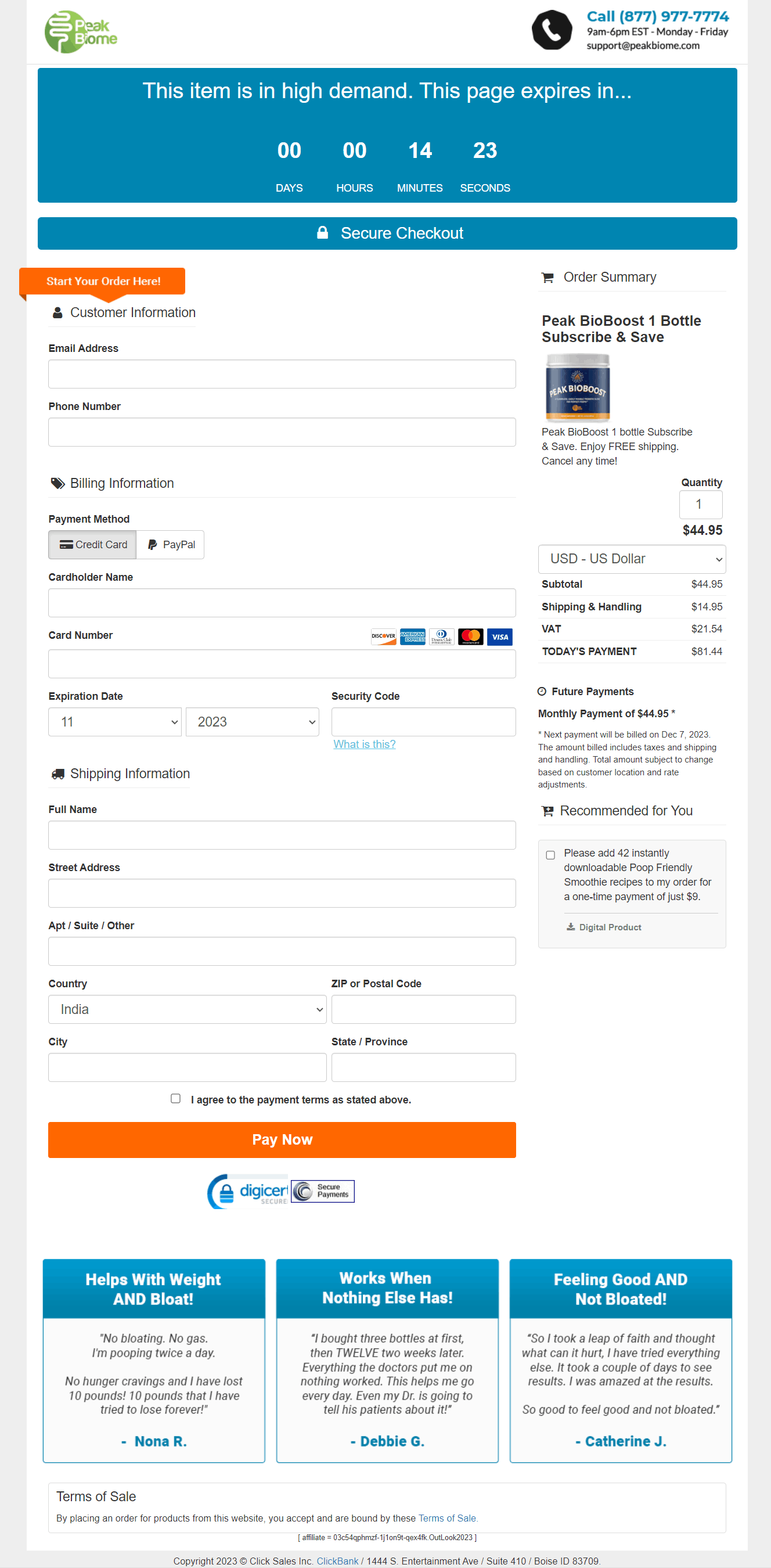 peak bio boost Checkout Page